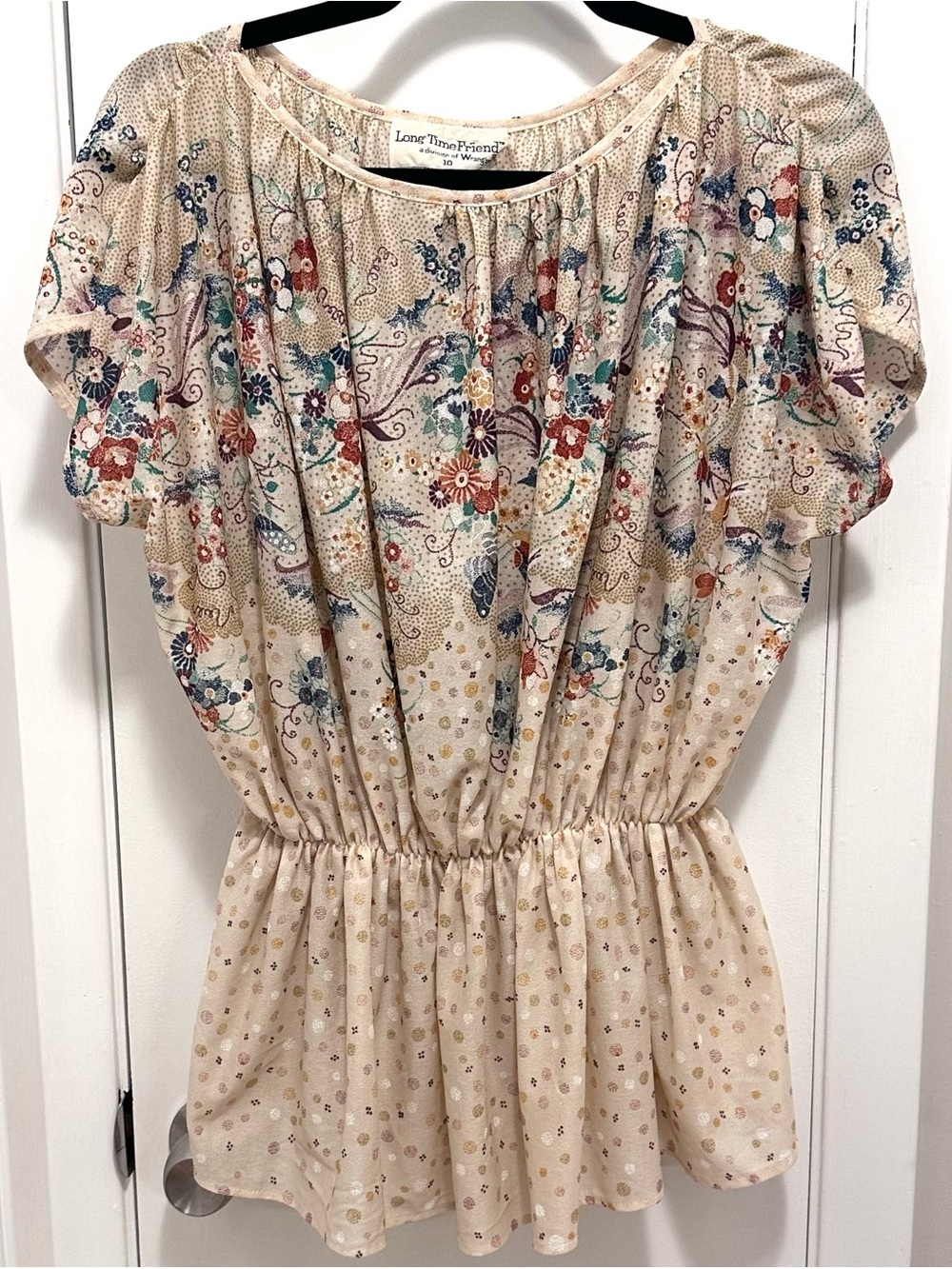 Vintage Long Time Friend Wrangler Floral Cinched Peasant Blouse Top 10 Cream